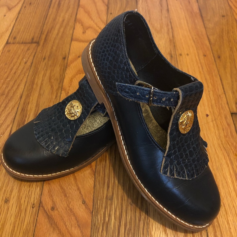 Girls navy and gold leather dress shoes